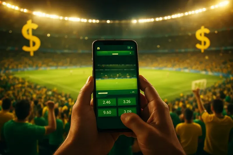 Conceito de apostas esportivas no Maracanã lotado com torcedores e smartphone mostrando odds ao vivo