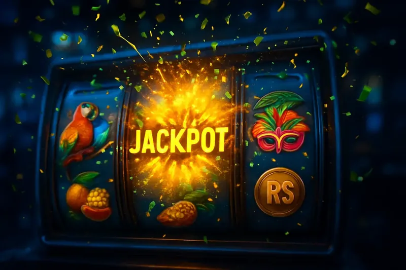Cena realista de caça-níqueis brasileiro com símbolos tropicais e jackpot explodindo