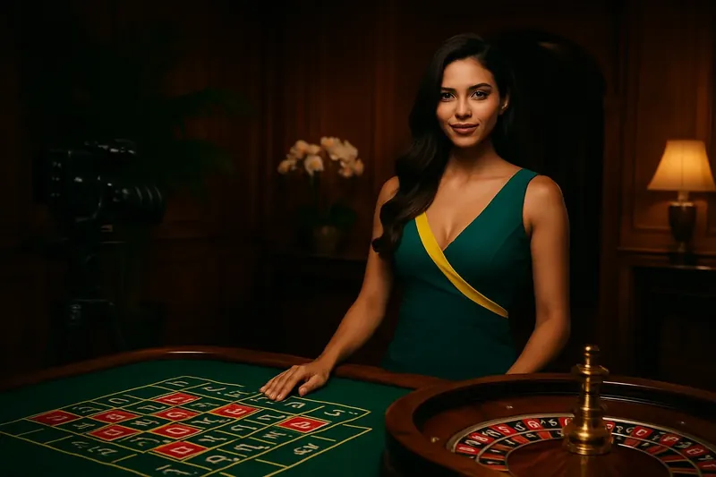 Estúdio de casino ao vivo com crupiê brasileira elegante na mesa de roleta