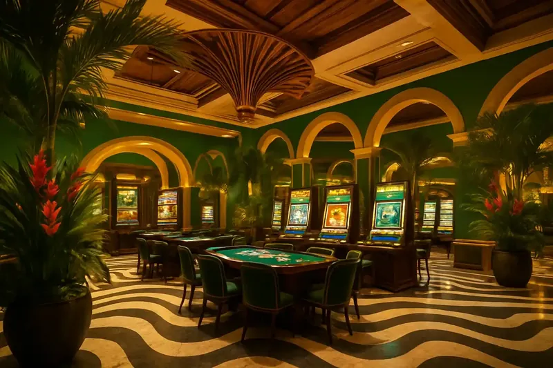 Lobby de cassino brasileiro elegante com decoração tropical, telas de jogos e clima sofisticado