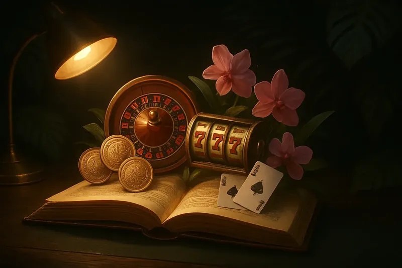 Livro aberto com roleta, caça-níqueis, cartas de blackjack e moedas de real brasileiros