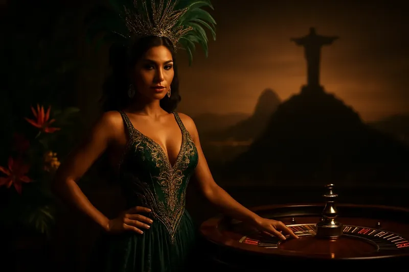 Mulher brasileira confiante em vestido elegante verde e dourado ao lado de roleta em cassino de luxo com flores tropicais e skyline do Rio ao fundo