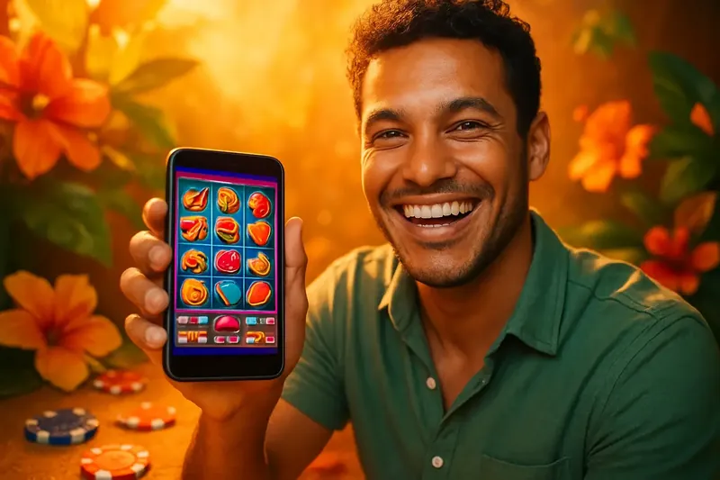 Jogador brasileiro de cassino segurando smartphone com slot colorido e fundo dourado tropical