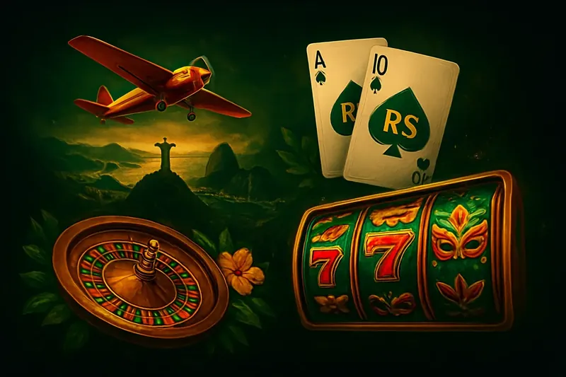 Colagem digital de jogos de cassino brasileiros com Aviator, roleta, cartas e slots coloridos